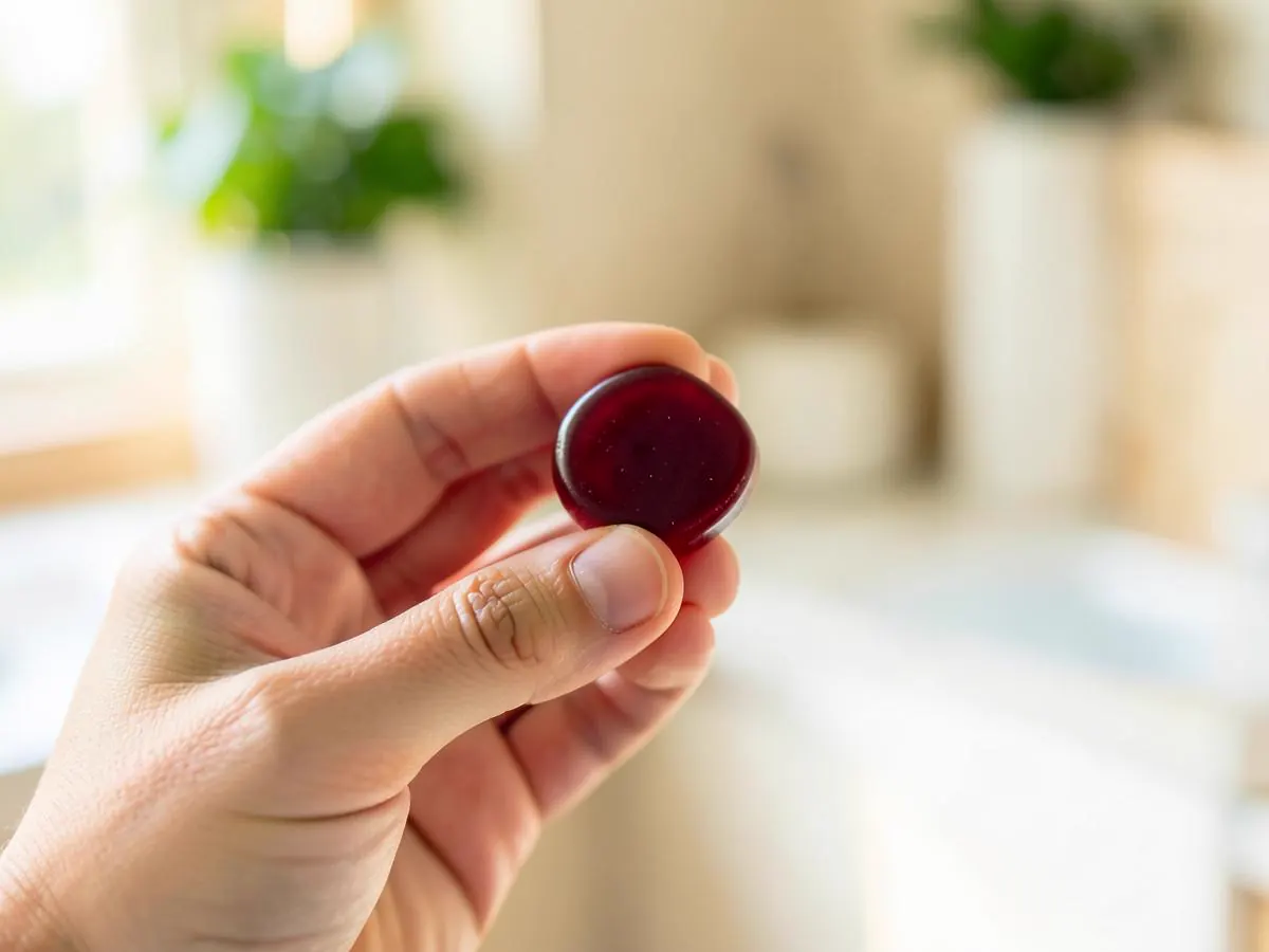Hand holding a single 800MG organic hemp berry gummy
